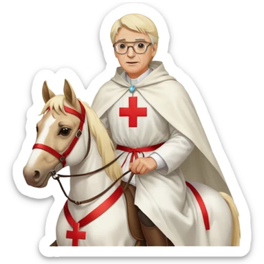 A knight templar on a horse. Wearing a white tunic with a Red Cross on the front. Wearing a white cloak with a Red Cross on the left front side. He is a blond haired man aged about 70 with glasses sticker
