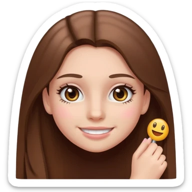 teenage girl with straighter long brown hair, hazel eyes, wearing blush and mascara, emoji style, smiling sticker