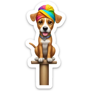 A dog dancing on a pole wearing flippers and a turban sticker