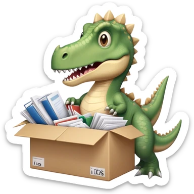 office dinosaur holding a huge boxe bursting with a lot of documents and papers sticker