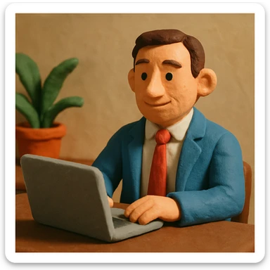 A 35-year-old male business coach sitting at a table with a laptop sticker