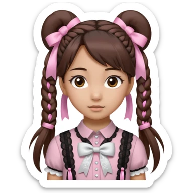 jirai kei, девушка с длинными прямыми темно каштановыми волосами и несколько розовых прядей по всей голове в разных местах, прическа два высоких хвоста заплетённые пушистыми белыми резинками. милое лицо. серо-розовая рубашка и чёрный бант, много кружев чёрного цвета sticker