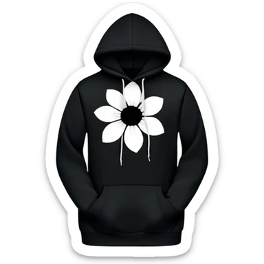 The BLACK Hoodie features a black base with distinctive white and black  open flower spots with empty space in the middle, These hollow ring-like patterns are scattered across. BLACK AND WHITE FLOWERS SPACED OUT FLOWERS, AND ONLY A FEW FLOWERS AND NO DOTS sticker