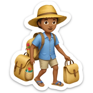 Créole réunionnais chapeau paille tong au pieds et sac a dos en rafffia sticker