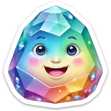 A single pastel rainbow crystal rock character, chubby and heavy with a chunky, irregular polygon shape,covered in faceted crystal planes and small chips, big glossy rainbow eyes and a small smiling mout sticker