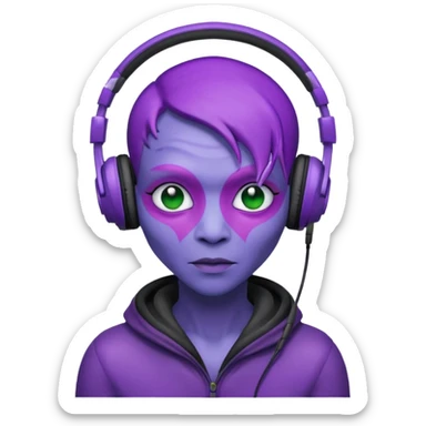 headphone wearing alien, purple haired sticker