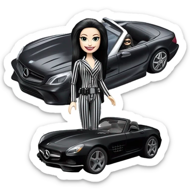 Darth Vader Barbie, 1910 teen Morticia Addams from academy, in dark-gray and black striped outfit. Smiling Driving Mercedes convertible sports car. Pale-white porcelain skin.  sticker