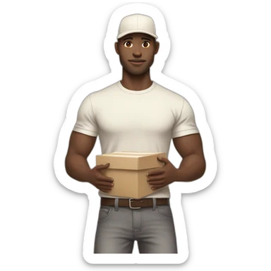 Pale skinned fit Man with dark brown hair in a beige cap, gray jeans, brown polo and white T-shirt keeping a pasted with tape white box into his hands sticker