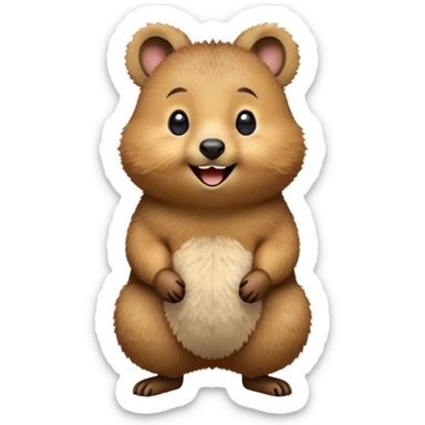 cinematic-quokka-realistic-emoji,-small-round-frame-balanced-on-tiny-strong-hind-legs, head tilted in an endearing manner, comical smil, giant-fluffy-cheeks-large-smile-fluffy-brown-fur-radiating-a-warm-softness,-big-round-eyes-filled-with-joy, realistic emoji zoomed in sticker
