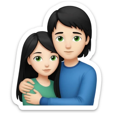 Make a couple hugging the girl is white with long black hair with blue eyes. The girl is hugging a boy with light brown short hair with green eyes. sticker