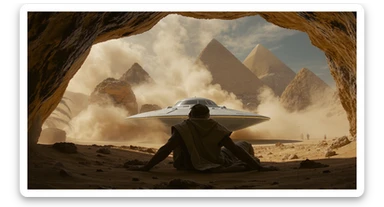 cinematic still, documentary photography, acient egypt, back shot of a man dress in ancient clothes in cave (frame in frame effect) on ground laying front of small ufo starship, sand flying around, palms, dynamic scane, leading lines, captured by arri alexa, depth layers, piramids in babckground sticker