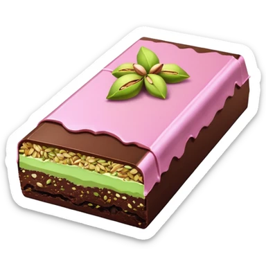 chocolate partially wrapped in elegant pastel pink foil, the top half broken to reveal rich pistachio cream and crispy kataifi strands inside, glossy chocolate surface, detailed texture sticker