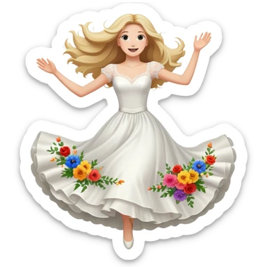 White woman - long hair - white wedding dress - happy - jumping - fashion - elegant - flowers - dreamy - colorful sticker