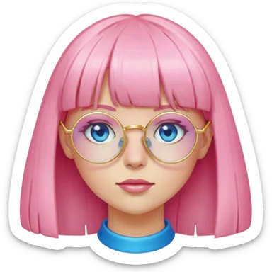 A pink straight haired girl with bangs, circular golden glasses, light skin and blue eyes sticker