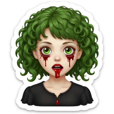 Green zombie emoji girl with curly Brown hair, with curly bangs, wearing a black bluse, blood Just in the tongue  sticker
