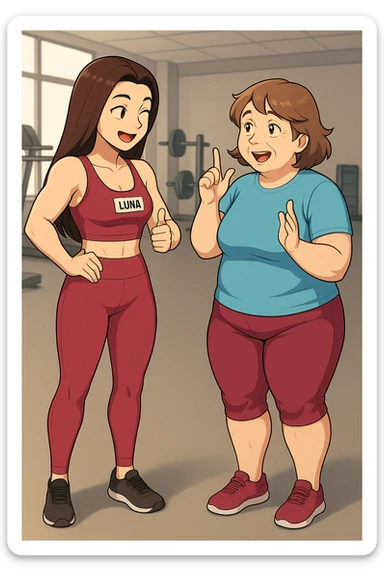 prendi spunto da queste immagini per fare: fai un webtoon/manga a colori con questa personal trainer (falle la scritta "LUNA" SU UNA TARGHETTA APPOSTA SUL TOP SPORTIVO CHE HA), che parla IN PALESTRA con una sua cliente che ha cellulite ed è leggermente in sovrappeso. LA SIGNORA è IN ABITI SPORTIVI E FA UNA DOMANDA A LUNA CON ESPRESSIONE SBALORDITA IN POSITIVO. LUNA ANNUISCE INTUSIASTA. NON FARE I FUMETTI, FAI SOLO LORO COME SE DIALOGASSERO. FAI LE DUE FIGURE A FIGURA INTERA CON IL CORPO INTERAMENTE VISIBILE sticker