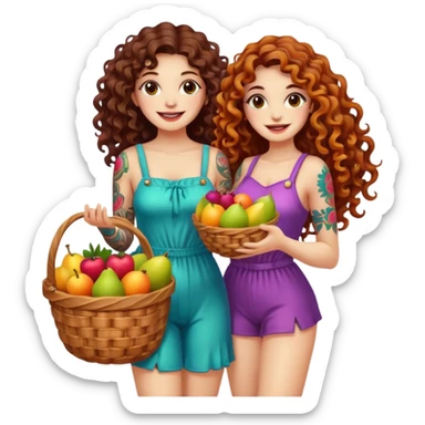 full body woman long curly brown hair brown eyes white skin tattoos holding basket of psychedelic fruits, teasing smile sticker