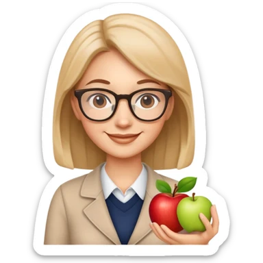 Cute smiling teacher with glasses and apple sticker