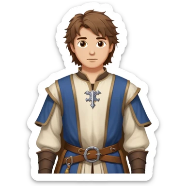 medieval outfit worn by a DnD themed fantasy character. basic low level clothes. clothes only above the waist. The clothes full waist. The character's haven't arms. character is brown hair brown eyes messy hair white man. sticker