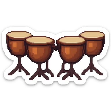 Pixel art style depiction of exactly four timpani drums, no player, all drums brown, with no background, isolated on transparent background. sticker