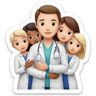 smedico abraçando varios pacientes, ele usando jaleco, e os pacientes usando roupas comuns sticker