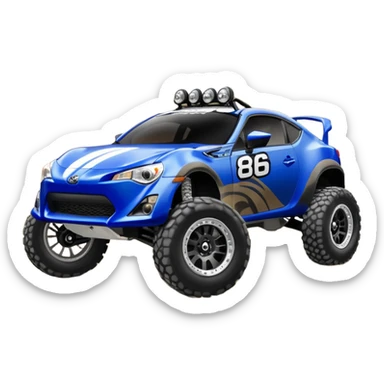 Dirty raced jacked 2013 scion fr-s ultramarine off road 4wd monster Baja dessert stadium racer number 86 with long travel suspension, shiny silver wheels, black fender flares  sticker
