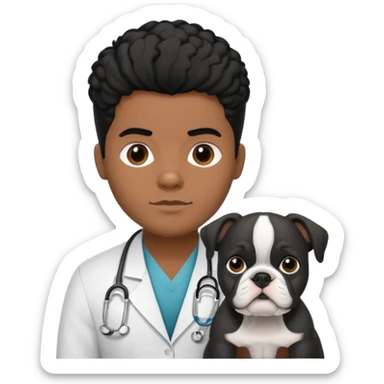 joven médico con el pelo un poco largo pero no tanto y lacio, que tenga un estetoscopio de color de piel tez negra calida !!! que sostiene un bulldog francés blanco y negro  sticker