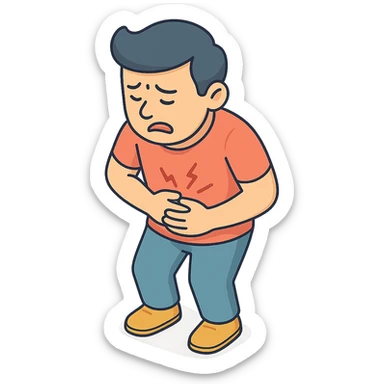 A person (patient) with a stomach ache, standing, holding their stomach and grimacing in discomfort, close-up, 2D isometric style, more detailed character, soft rounded shapes, detailed shadows and highlights, clean contours, pastel palette, modern illustration, transparent background sticker