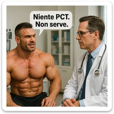 bodybuilder che dice ad una dottore "Niente PCT, Non serve", iper realistica sticker
