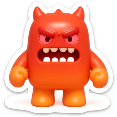 angry monster with furrowed brow, bared teeth, clenched fists, bright red and orange colors, toy-like sticker