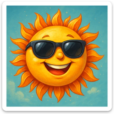 A happy sun with sunglasses, bright and cheerful, in general style, detailed and vibrant. sticker