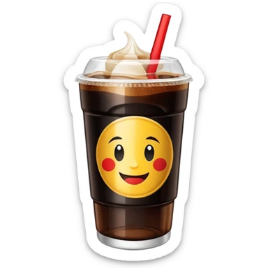 fernet con cocacola drink in a plastic cup made from a large cut Coca-Cola bottle, black drink with blonde foam, emoji style sticker