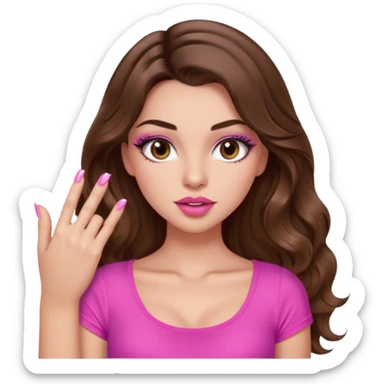 girl with long wavy brown hair, brown eyes, light to medium complexion, in a pink sexy top, pink puckered lips, long lashes, showing a manicure sticker