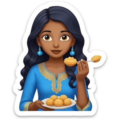 a pretty indian bratz girl with wavy long black hair. eyeliner on, wearing a blue kurti, eating golgappa sticker
