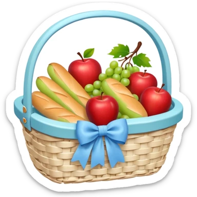 A white Picnic basket with pastel blue bow，contained baguettes and fruit, sticker