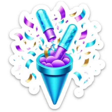 Futuristic glowing confetti popper emoji, holographic purple and cyan colors, emitting confetti and sparkles, dark background, vibrant celebration atmosphere, no face. sticker