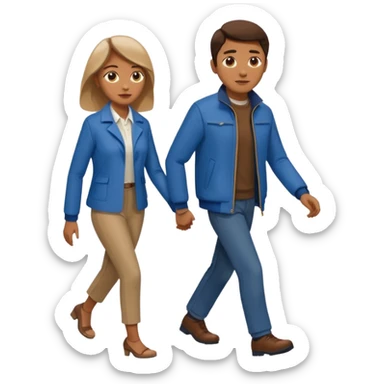 woman in brown jacket walking with man in blue jacket sticker