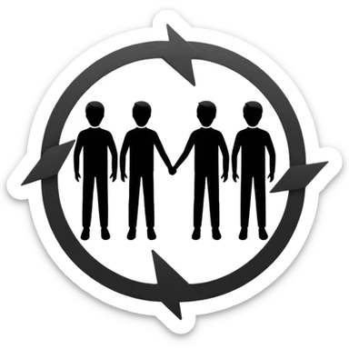Minimalistic flat vector icon, iOS style, thin black contour on white background. Three people silhouettes connected by circular arrows, symbolizing Scrum teamwork. Clean, no text, no shadows sticker