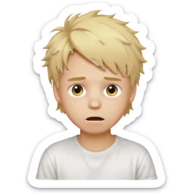 create boy blonde hair messy, light eyes, white t shirt, mouth slightly open to the left sticker