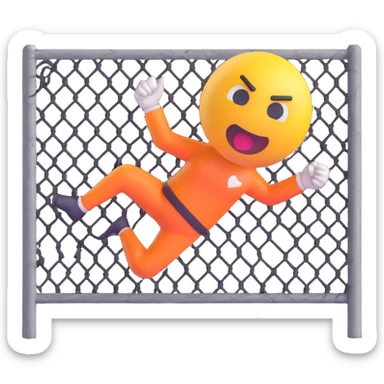 mean emoji face doing a dramatic high kick, ball flying, with a torn wire mesh fence behind, dynamic action sticker