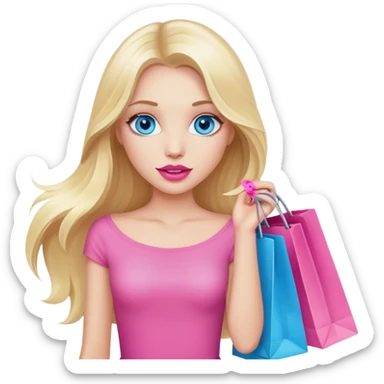 Cinematic realistic blonde with long hair, blue eyes and pink lips holds shopping bags in her hands sticker