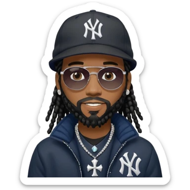 African American man with shoulder length black dreadlocks with black beard wearing black sunglasses wearing a New York Yankees logo baseball cap wearing a black bubble winter coat with a diamond mouth grill with diamond cross necklace on his neck sticker