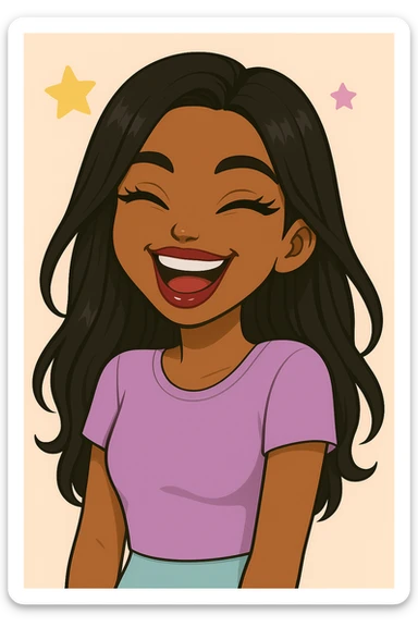 Headshot of a 20-year-old anime Bratz style woman with dark skin, straight hair, laughing uncontrollably, big expressive eyes, glossy lips, cute pastel Y2K look, no hat, no tears. sticker