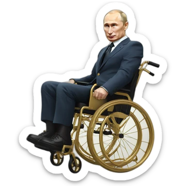 grumpy vladimir putin in gold wheelchair jumping high sticker