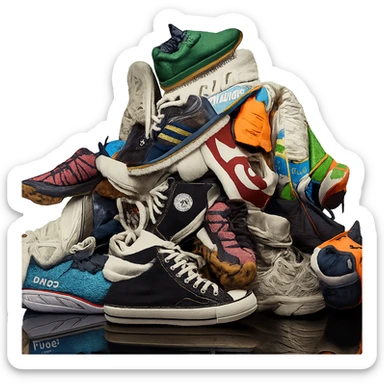 Make the pile of mixed sneakers more realistic in a photorealistic style with a transparent background. sticker