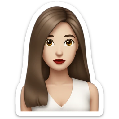 straight brown hair,red lipstick,black eyes, white skin and a small nose sticker