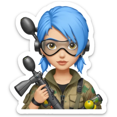 blue curly haired paintball playergirl with huge earrings, wearing paintball eye mask helmet sticker