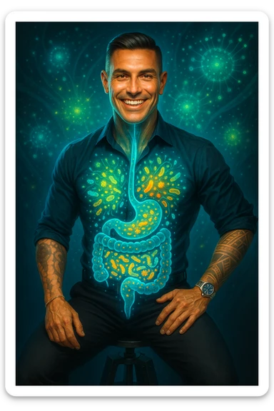 Radiant man with transparent digestive system showing diverse, thriving gut bacteria colonies in perfect balance, beneficial microorganisms glowing like constellation patterns throughout intestines, expression of optimal health and vitality, digestive tract functioning as harmonious ecosystem, immune system strengthened by microbial diversity, energy levels at peak performance sticker