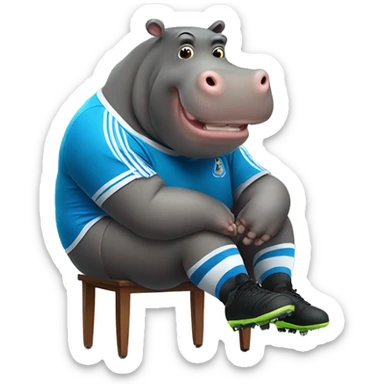 fat hippo as soccer player sit on chair sticker