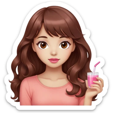 cute woman, light tan skin, big dark brown eyes, very long wavy auburn hair, bangs, pink top, coral lipstick, kawaii pose sticker